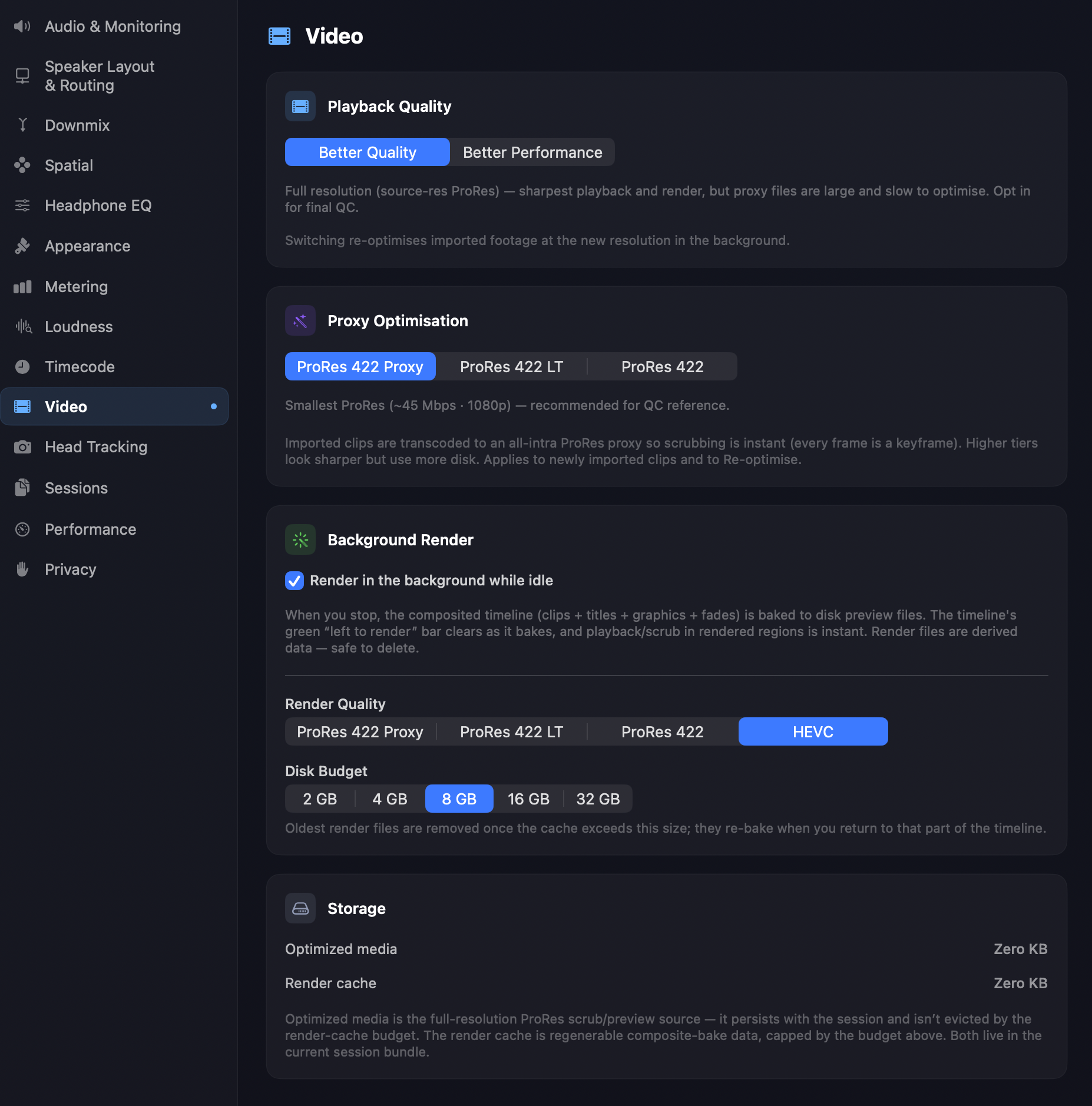 Preferences > Video — Playback Quality, Proxy Optimisation ProRes tiers, Background Render options with render quality and disk budget, and Storage usage