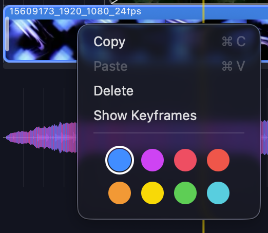 The right-click clip menu — Copy, Paste, Delete, Show Keyframes, and a grid of colour swatches