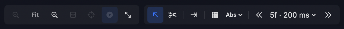 The timeline toolbar — a left group of zoom controls (zoom out, Fit, zoom in, and more) and a right group with the select and blade tools, grid mode and snapping-level controls