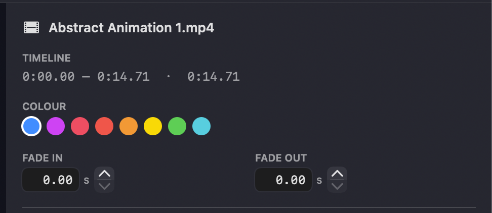 The clip inspector — clip name, timeline range, a Colour swatch row, and Fade In / Fade Out controls