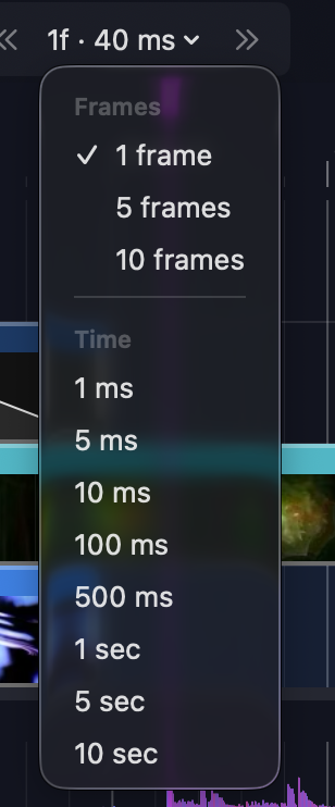 The snapping-level menu — Frames (1, 5, 10) and Time (1 ms to 10 sec)