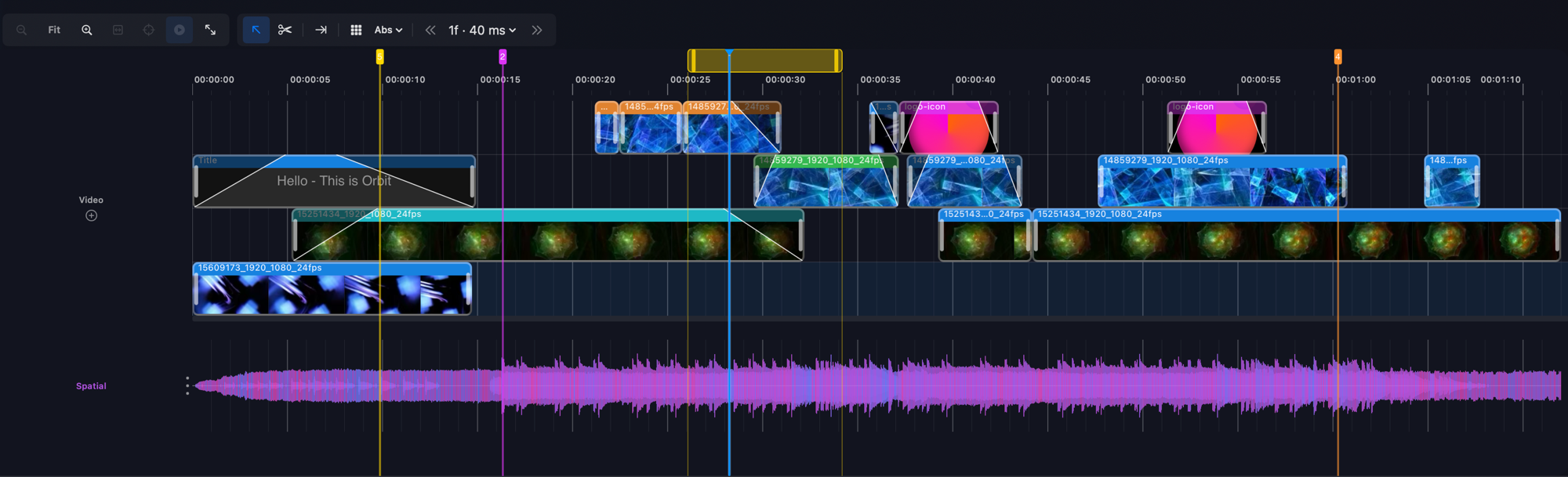 The Video Timeline — a video lane of clips (video, a title and graphics) above the spatial audio waveform, with zoom and editing controls along the top